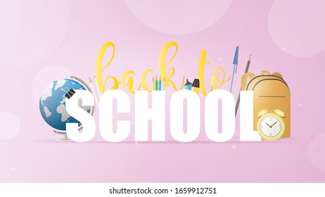 Cartel rosa de regreso a la escuela. Hermosas inscripciones, libros, globo, lápices, plumas, mochila amarilla, reloj despertador amarillo viejo. Ilustración del vector