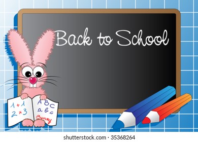 Back to school with a pink rabbit and pencils