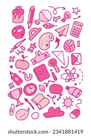 Back to school pink vector set of bright elements. Educational clipart. School supplies. Cute flat style classroom objects. Ready for school stuff. Back to school. Vector illustration