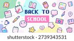 Back to School pixel art banner with kawaii school supplies icons on grid background, colorful retro 8 bit collage, education poster template, digital illustration
