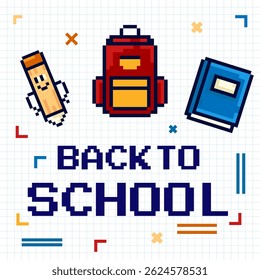 Back to school Pixel art design with school supplies pencil, backpack, and book icons on graph paper background, ideal for educational websites, flyers, banner, promo, kids printables