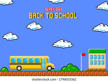 Back to school pixel art greeting card. Yellow school bus in style of eight-bit game.  Vector illustration.