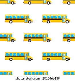Back to school pixel art seamless pattern. Yellow school bus in style of eight-bit game.  Texture for fabric, wallpaper, decorative print. Vector illustration.