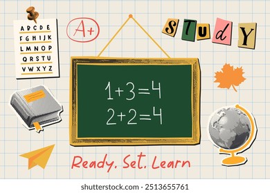 Back to school pixel halftone collage. Chalkboard, globe, paper plane, and study elements. Perfect for educational materials, classroom decor, or youth promotions.