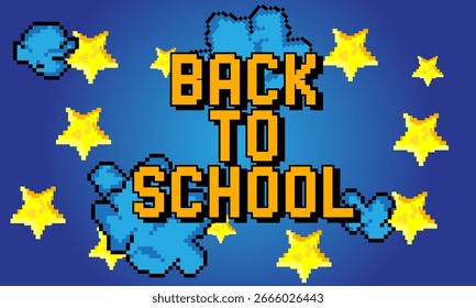 Volver a la escuela palabra pixelada con fondo gráfico geométrico. Vector ilustración de dibujos animados.