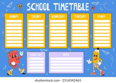 Back to school planner. Design occupation planner, printable educational schedule for kids, students on blue background. Notes, goals and days of the week column with funny groovy characters.