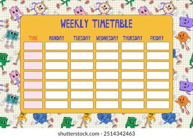 Back to school planner. Horizontal weekly timetable with time and days. Pattern of cute groovy characters.