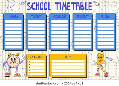 Back to school planner. Template weekly planner, printable educational schedule for students on notebook sheet background. Notes, goals and days of the week column with two cute groovy characters.