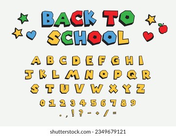 Back To School playful style cute square font design, colorful kids alphabet, letters and numbers vector illustration. ABC alphabet set.