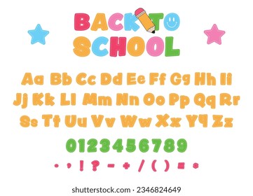 Back To School playful style font design, colorful kids alphabet, letters and numbers vector illustration. ABC alphabet set.