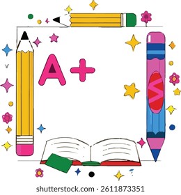 Back to school a plus grade with pencils and open book art