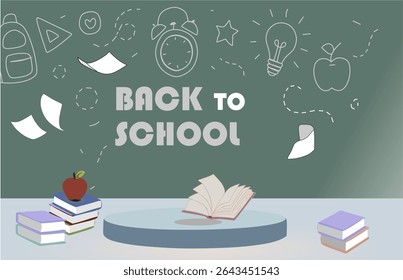 Back to school podium background. 3d platform for stationery supplies display. Welcome layout with chalk graphic and books for presentation on pedestal mockup