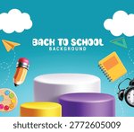 Back to School Podium Background Clipart. Back to School with podium display and education elements clip art with school supplies such as pencil, notebook, ruler and paint palette on blue background for product showcase, advertising display, templates and commercial design vector illustration. 
