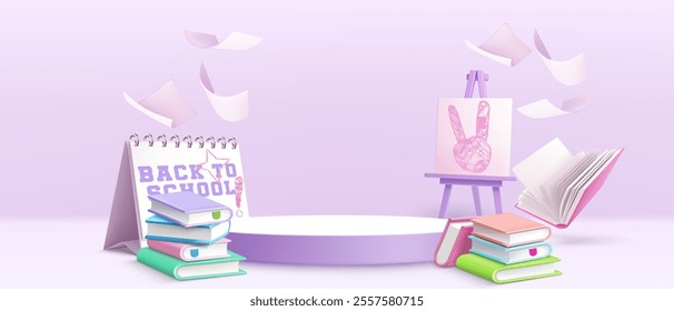 Back to school podium background. Purple education banner template. 3d platform for stationery supplies display. Welcome layout with chalk graphic and books for presentation on pedestal mockup