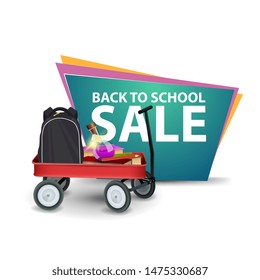 Back to school, polygonal discount green banner with cart full of school supplies