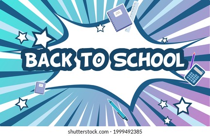 Back to school pop art comic background with stationary vector. Cartoon Vector Illustration 