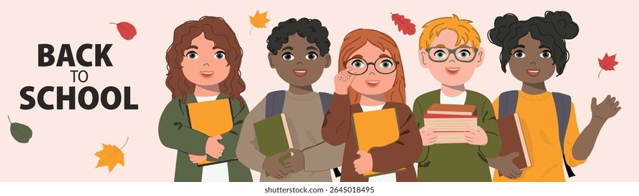De volta à escola. Retrato de crianças diversas felizes. Crianças vestindo roupas diferentes e carregando mochila.