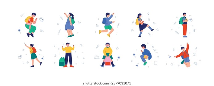 Back to school pose of kids full of joy, welcoming the new school year, vector illustration.