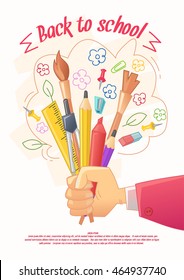 Back to school poser. Big sale of stationery for handmade in cartoon style. Goods for children creativity