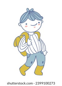 Back to school. Positive little boy in boots with backpack on his shoulders goes to school for lesson. Portrait of cute child student. Outline doodle vector illustration isolated on white background