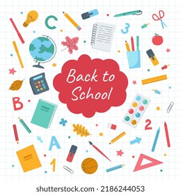 Back to school. A postcard, a banner with school supplies on the background of a sheet of a notebook in a cage. Cute colorful flat cartoon vector illustration.