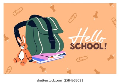 Back to School postcard design. Template of Knowledge Day card. Banner layout with students' bag, stationery, textbooks. Backpack with books. Schoolbag, knapsack, rucksack. Flat vector illustration