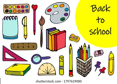 Back to school. Postcard. School supplies and items. Vector design.