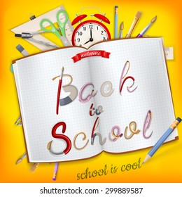 Back to School postcard with supplies on orange background. EPS 10 vector file