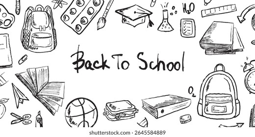 Back to school poster. 1st September. Stationery equipment in black brush stroke texture isolated on white. Hand drawn vector sketch illustration in vintage charcoal ink. Books, backpack
