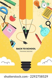 Back to school poster. Abstract geometric banner with school supplies, pencil, notebook and ruler in light bulb. Creative schoolboy learning. Education and study. Cartoon flat vector illustration