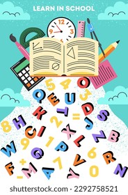 Back to school poster. Abstract texture banner with math book, letters, numbers and school supplies for learning. Education and study. Design for cover or flyer. Cartoon flat vector illustration