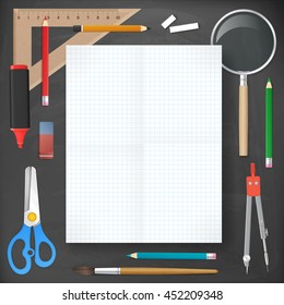 back to school poster background. Blank paper on blackboard with school supplies. vector illustration. isolated object.