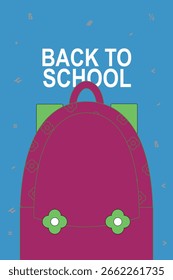 De volta ao cartaz da escola com a ilustração da mochila. Perfeito para educação, crianças, sala de aula e promoções escolares.