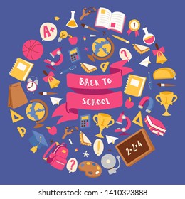 Back to school poster with backpack supplies for studying, globe, scissors vector illustration. School items copybooks pencils rubbers calculator bell clips magnifier magnet banner.