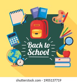 back to school poster with backpack and school supplies vector illustration design