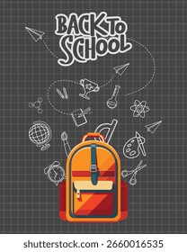 De volta ao cartaz da escola com mochila e material escolar no fundo de quadro-negro. Ilustração.