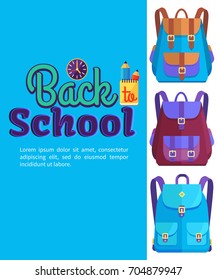 Back to school poster with backpacks for child with pockets vector illustrations with clock and glass with pencils on blue background