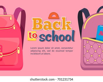 Back to school poster with backpacks for children with ABC book in pocket, rucksacks for girls vector isolated in flat style on pink background