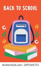 Back to school, back to school poster, banner or card with school backpack and books. Vector.