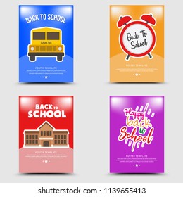 Back to school poster banner design with colorful funny school characters a, education items and space for text in a background. Vector illustration