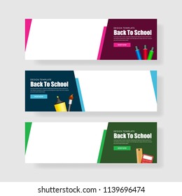 Back to school poster banner design with colorful funny school characters a, education items and space for text in a background. Vector illustration