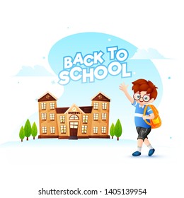 De vuelta a la escuela afiche o diseño de pancartas con el personaje de dibujos animados de un niño lindo yendo a la escuela.