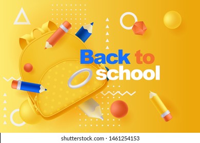 Back to school poster banner design template  Vector 3d illustration multicolor pencils  backpack   plastic geometric shapes flying yellow background  Abstract modern education concept 