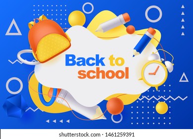 Back to school poster, banner design template. Vector 3d illustration of backpack, pencils, alarm clock and geometric shapes flying around white frame. Education modern blue gradient background.