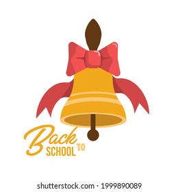  zurück zum Schulposter, Bannerdesign mit traditioneller Glocke und rotem Band, Vektorgrafik einzeln auf weißem Hintergrund. Willkommen zurück zu Schulposter, Banner, Kartendesign mit Glocke