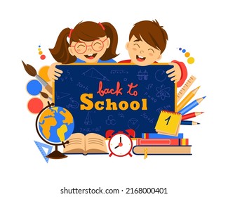 
Back to school poster, banner design template. Vector illustration of children, school board, globe, calendar, paints and brushes, textbooks, colored pencils, alarm clock.