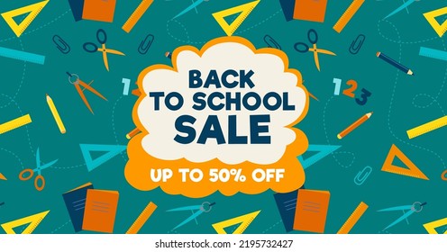 Cartel de regreso a la escuela, plantilla de diseño de pancartas para la venta o promoción. Ilustración vectorial plana de lápices multicolor, tijeras, reglas. Antecedentes educativos.