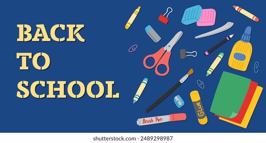 Back to school poster, banner, flyer, background or greetings with colorful educational or school stationary on dark background. Vector hand drawn typographic composition.