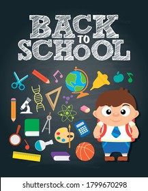 Back to school poster, banner with funny boy in school uniform. Vector illustration