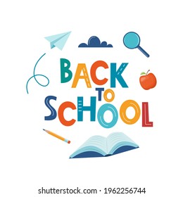 Back to school poster, banner. Lettering Back to school inscription with study supplies and paper airplane. Education concept design. Vector